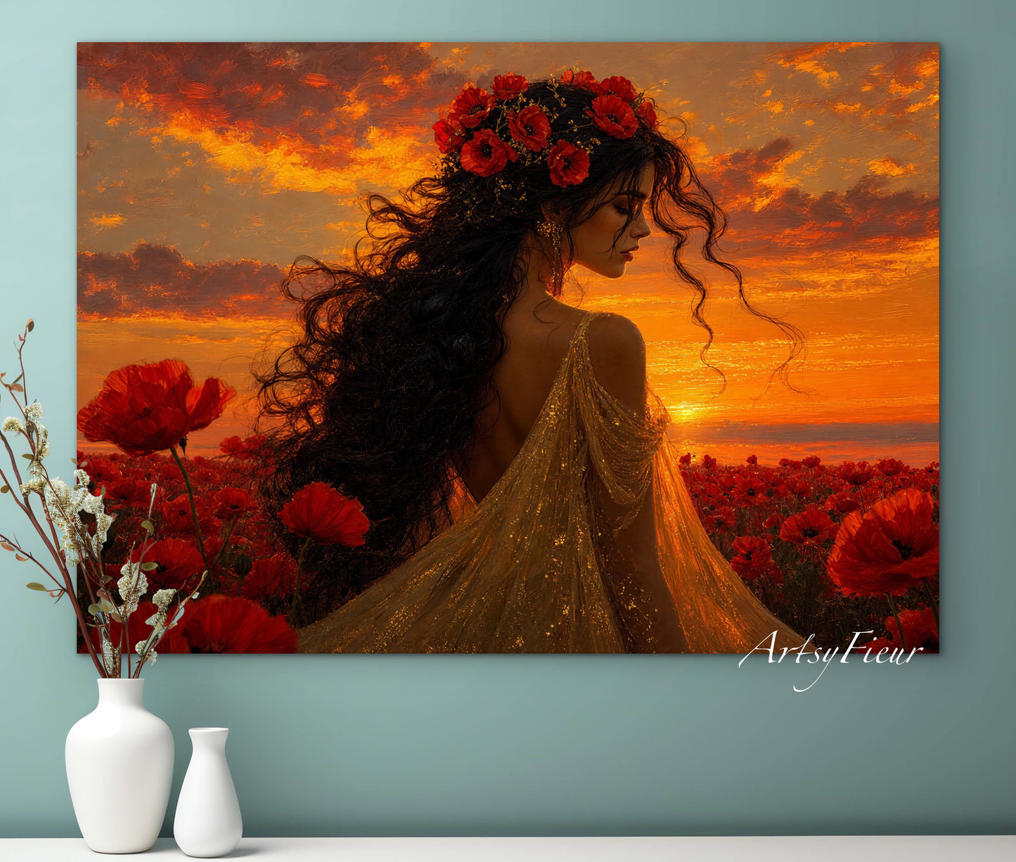 Framed Canvas - Vibrant Poppies Whimsical Full Moon Bride in Poppy Field, Wall Art Ready to hang Oil Painting Original Artwork Print
