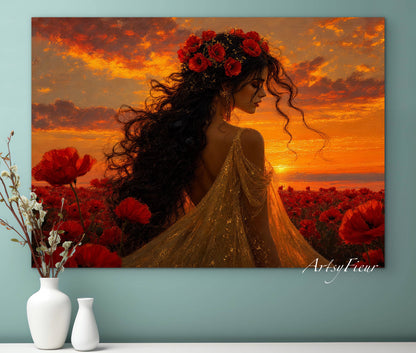 Framed Canvas - Vibrant Poppies Whimsical Full Moon Bride in Poppy Field, Wall Art Ready to hang Oil Painting Original Artwork Print