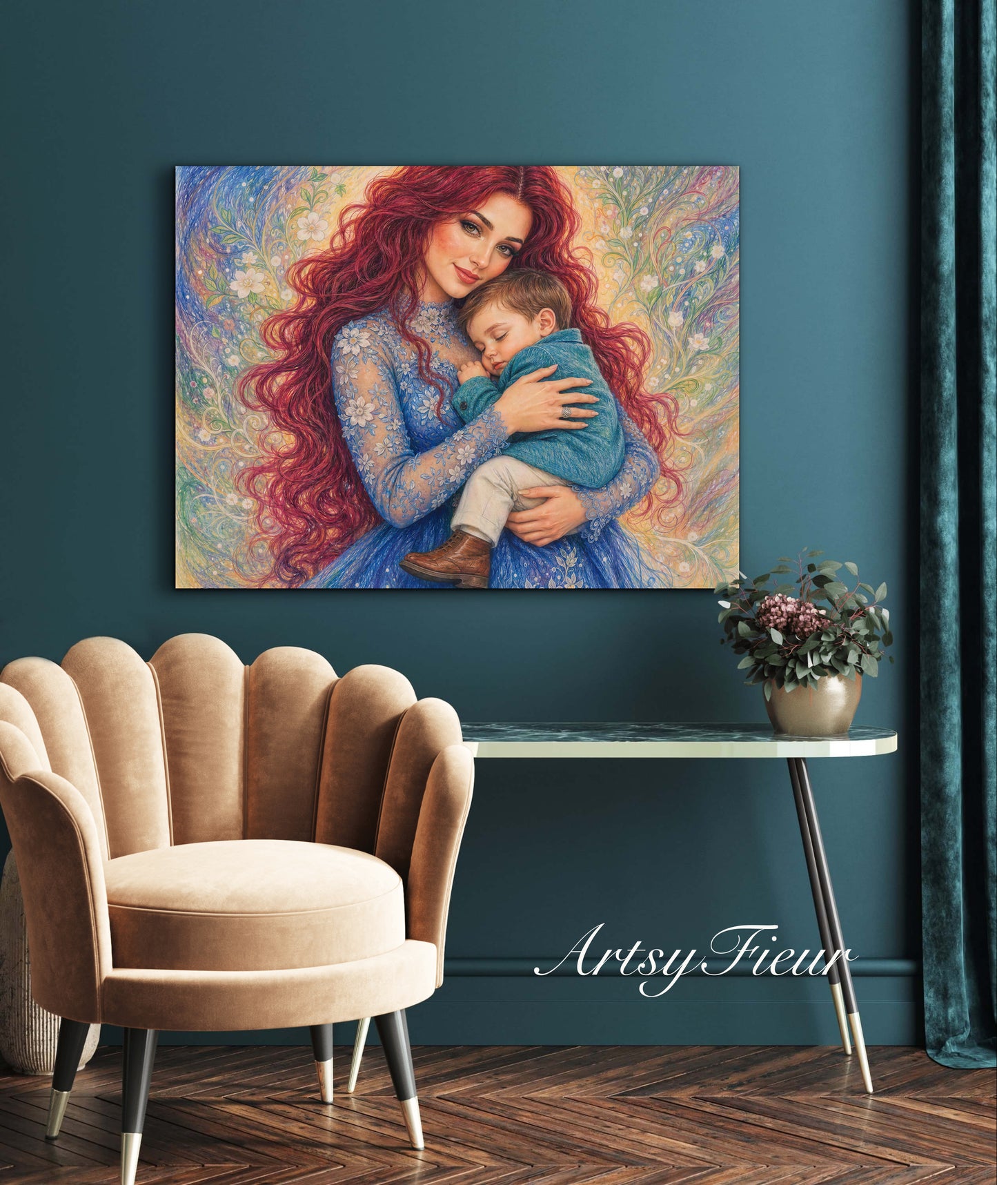 Framed canvas- ready to hang wall art print, vibrant colours crayon drawing abstract portrait mother and son, mother and baby boy, dark hair beautiful red hair woman , mothers day gilt, unique original artwork