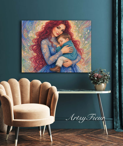 Framed canvas- ready to hang wall art print, vibrant colours crayon drawing abstract portrait mother and son, mother and baby boy, dark hair beautiful red hair woman , mothers day gilt, unique original artwork