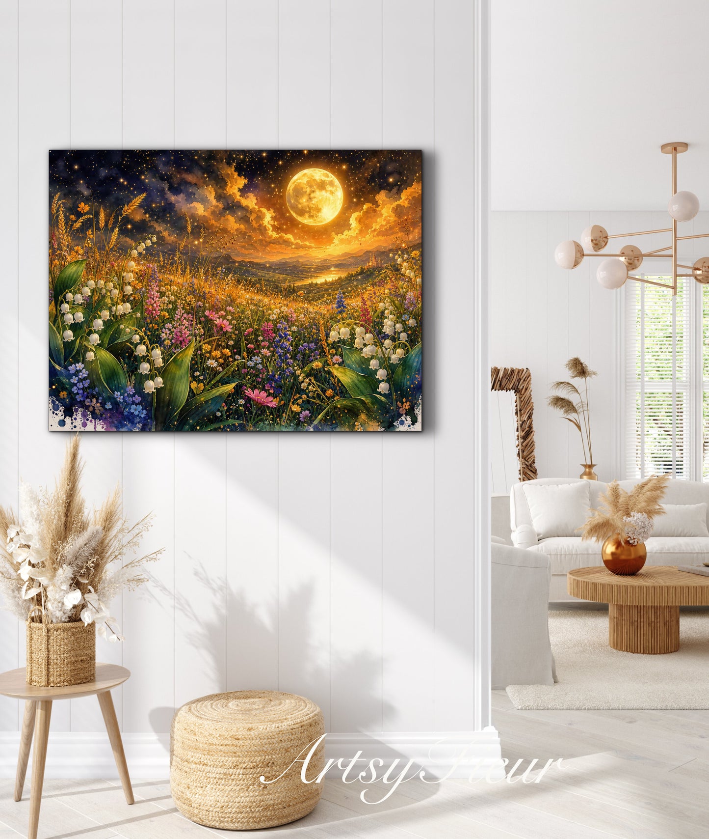 Framed Canvas Print- Vibrant Wildflowers and Lilly of The Valley Oil Painting Textured Wall Art , Beautiful Original Artwork Ready to Hang Living Room, Floral