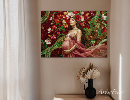 Framed Canvas- Vibrant Magnolia Flowers Beautiful Brunette Pregnant Woman’s Abstract Portrait Mosaic Original Artwork Fantasy Wall Art Print Mother Nature