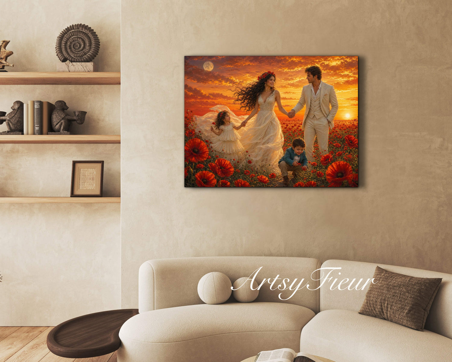 Framed Canvas- Vibrant Poppies Field Bride Groom Mother Daughter and Baby boy Portrait Whimsical Full Moon Sunset Fantasy Oil Painting Wall Art Print