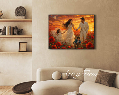 Framed Canvas- Vibrant Poppies Field Bride Groom Mother Daughter and Baby boy Portrait Whimsical Full Moon Sunset Fantasy Oil Painting Wall Art Print