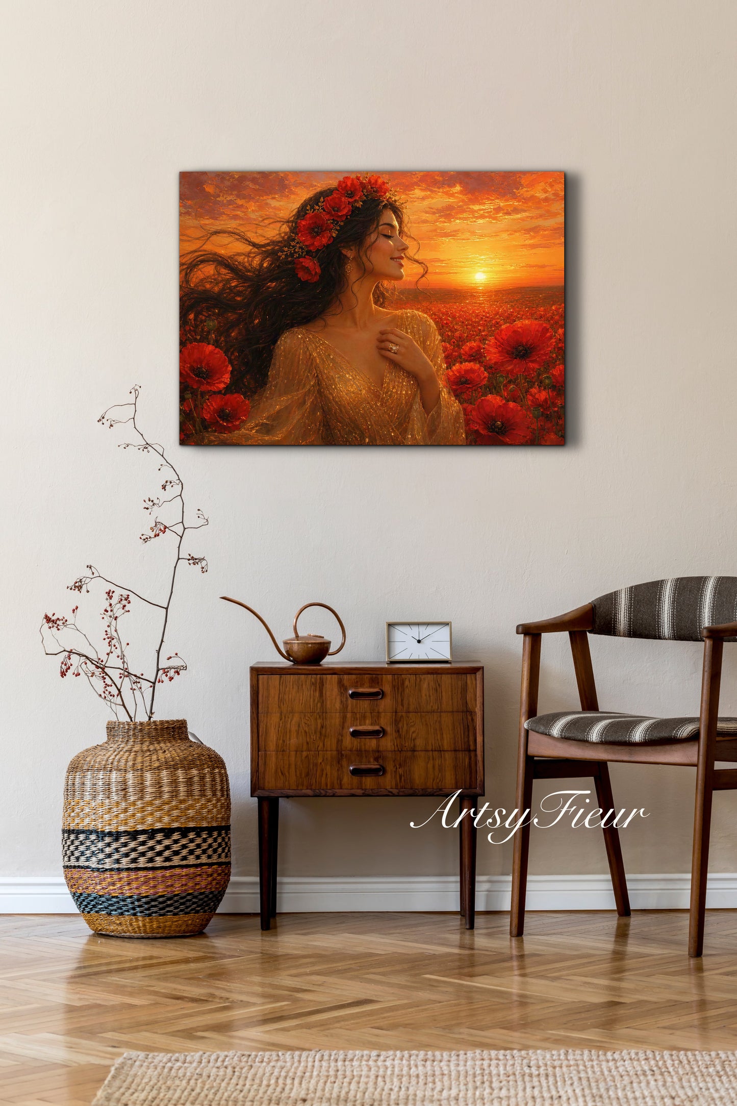 Framed Canvas - Vibrant Poppies Whimsical Full Moon Bride in Poppy Field, Wall Art Ready to hang Oil Painting Original Artwork Print