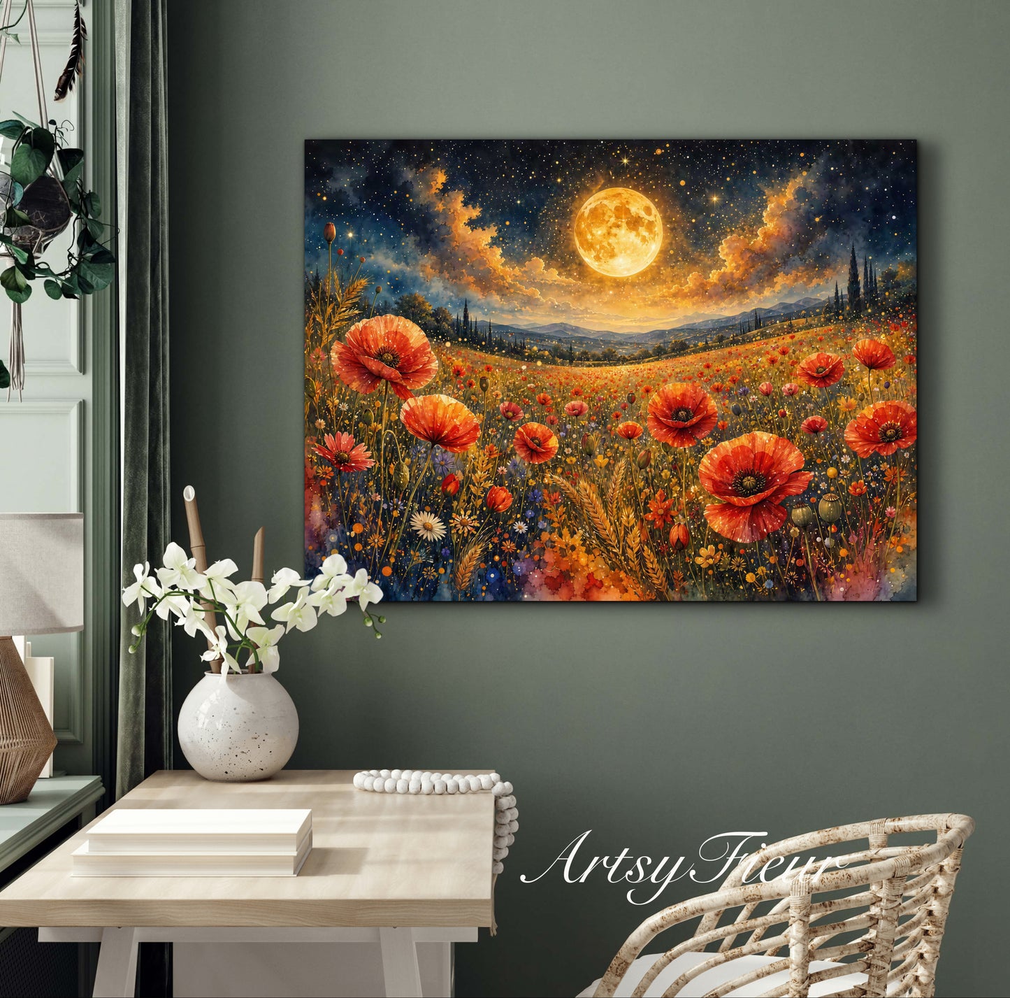 Framed Canvas Print- Vibrant Wildflowers and Poppies Oil Painting Textured Wall Art , Beautiful Original Artwork Ready to Hang Living Room, Floral