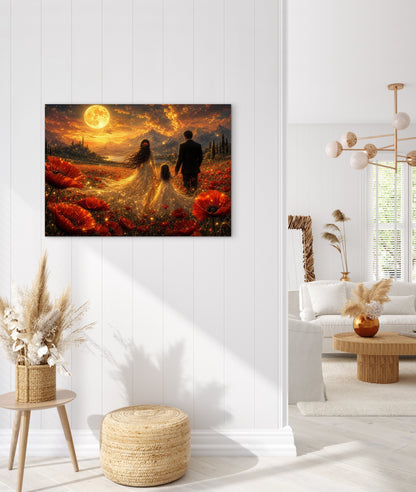 Framed Canvas Vibrant Poppies- Whimsical full moon fantasy oil painting Wedding celebration mother and daughter beautiful family portrait Original wall art print