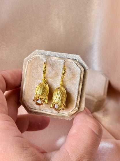 Flower Dangle Earrings Gold Tulip Crystal Handmade Statement Floral Earrings 18k Gold Plated Hypoallergenic
