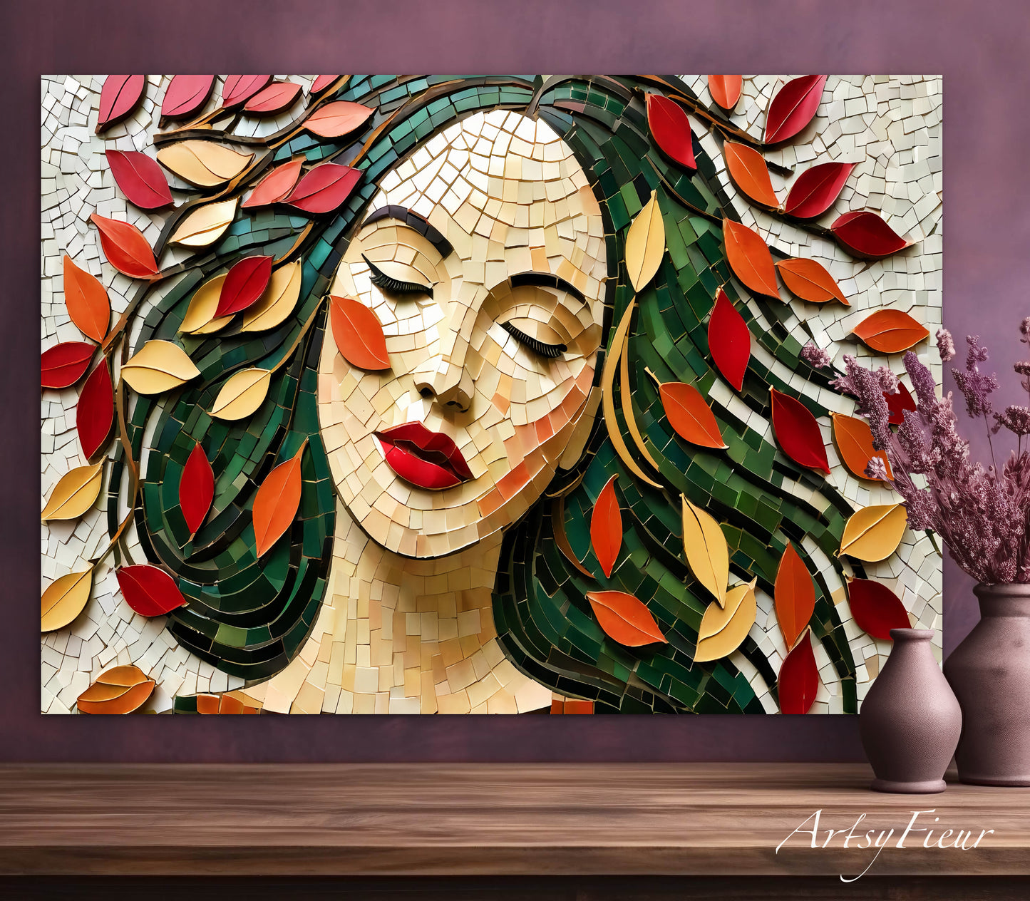 Framed Canvas- Vibrant Colours Beautiful Brunette Woman’s Abstract Portrait Mosaic Autumn Leaves Original Artwork Fantasy Wall Art Print
