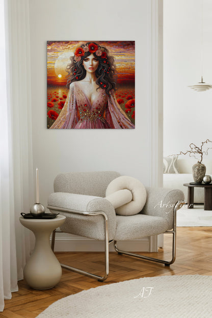 Framed canvas- Original Artwork Vibrant Poppies watercolour floral painting beautiful brunette woman ready to hang wall art print, abstract portrait