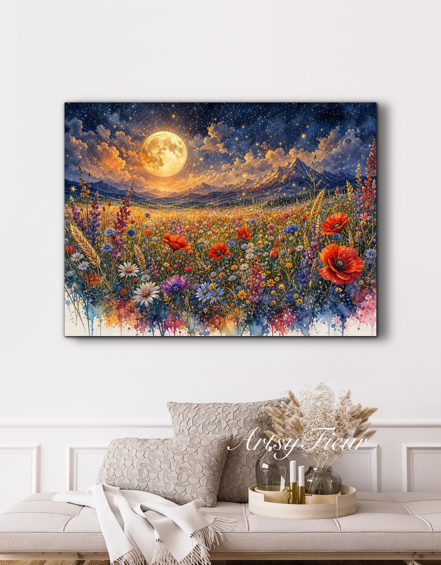 Framed Canvas Print- Vibrant Wildflowers and Poppies Oil Painting Textured Wall Art , Beautiful Original Artwork Ready to Hang Living Room, Floral