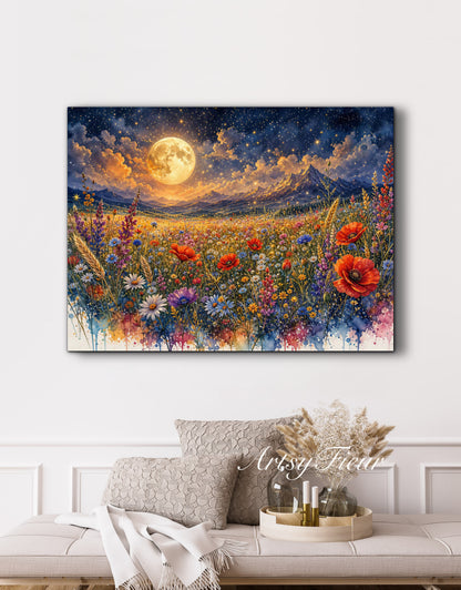 Framed Canvas Print- Vibrant Wildflowers and Poppies Oil Painting Textured Wall Art , Beautiful Original Artwork Ready to Hang Living Room, Floral