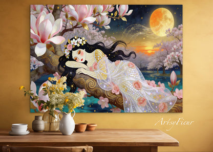 Framed Canvas- Vibrant Magnolia Flowers Beautiful Brunette Woman’s Abstract Portrait Mosaic Original Artwork Fantasy Wall Art Print