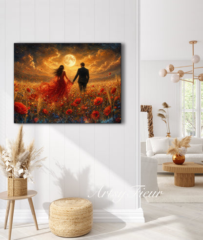 Framed canvas- whimsical full moon sunset -bride and groom, wedding gift, fantasy oil painting bedroom wall art print floral poppies field colourful vibrant colours