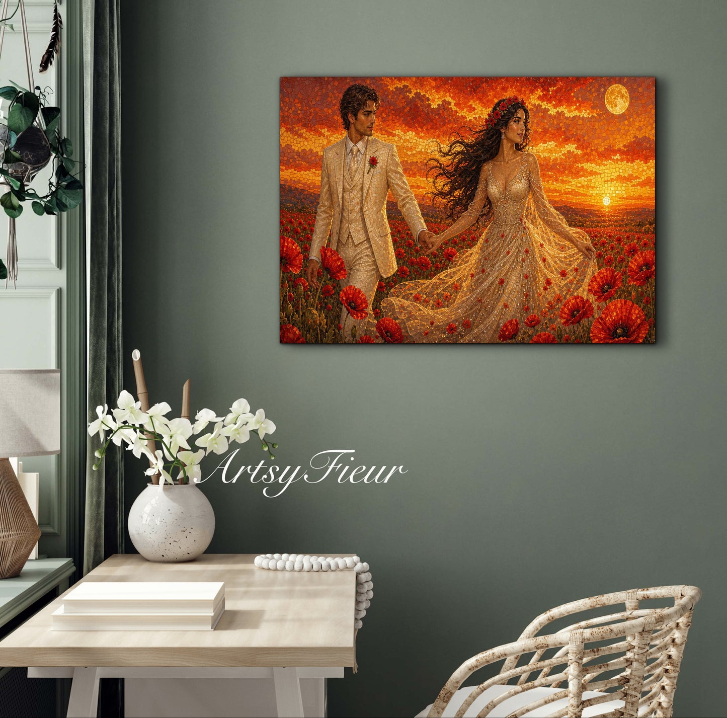 Framed canvas- whimsical full moon sunset -bride and groom, wedding, fantasy oil painting wall art print
