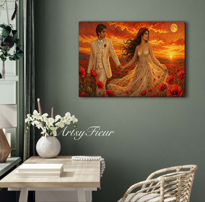 Framed canvas- whimsical full moon sunset -bride and groom, wedding, fantasy oil painting wall art print