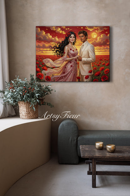 Framed canvas- whimsical full moon sunset bride and groom, wedding, poppy field, vibrant colours living room original artwork, fantasy oil painting wall art print