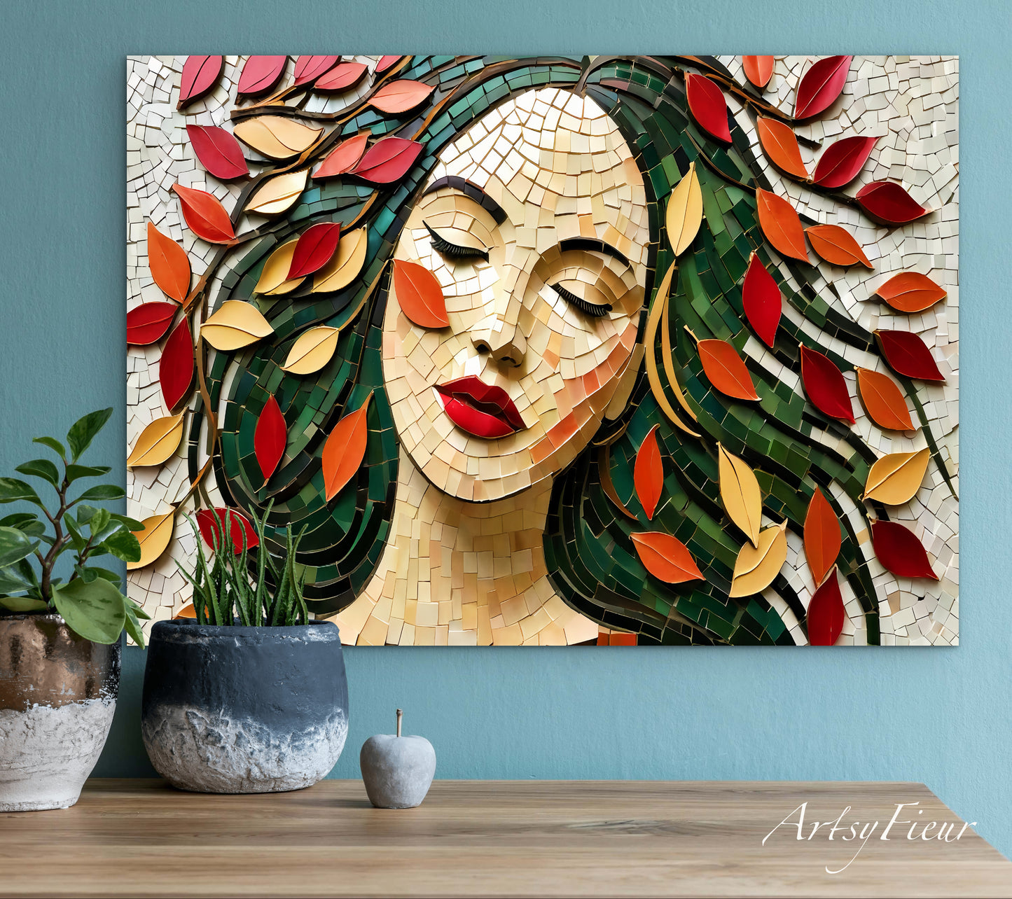 Framed Canvas- Vibrant Colours Beautiful Brunette Woman’s Abstract Portrait Mosaic Autumn Leaves Original Artwork Fantasy Wall Art Print