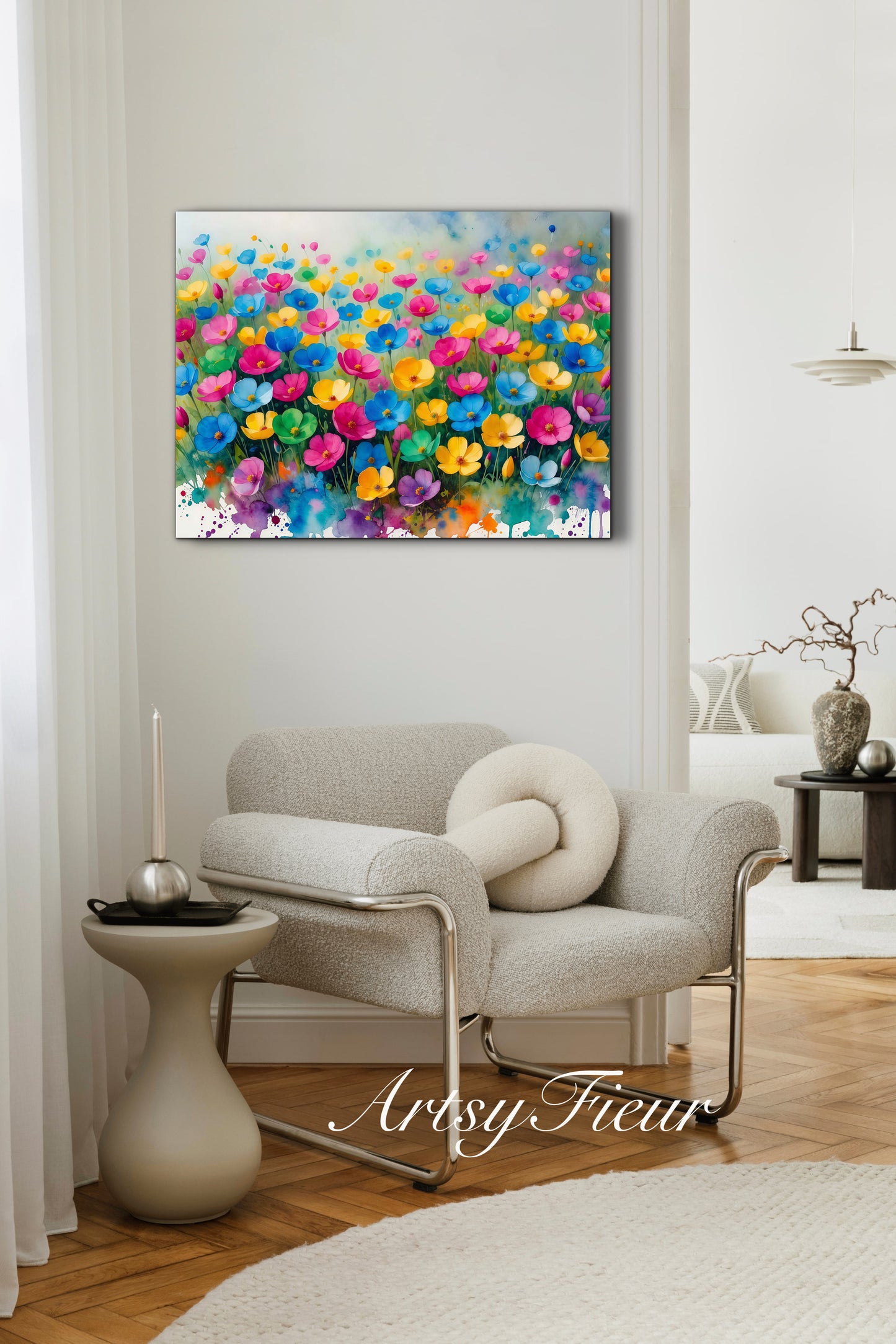 Framed canvas- ready to hang wall art print, beautiful vibrant colours watercolour fantasy painting wildflowers ,floral landscape, unique gift, one of a kind original artwork