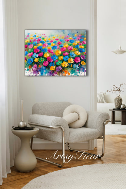 Framed canvas- ready to hang wall art print, beautiful vibrant colours watercolour fantasy painting wildflowers ,floral landscape, unique gift, one of a kind original artwork