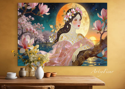 Framed Canvas- Vibrant Magnolia Flowers Beautiful Brunette Woman’s Abstract Portrait Mosaic Original Artwork Fantasy Wall Art Print