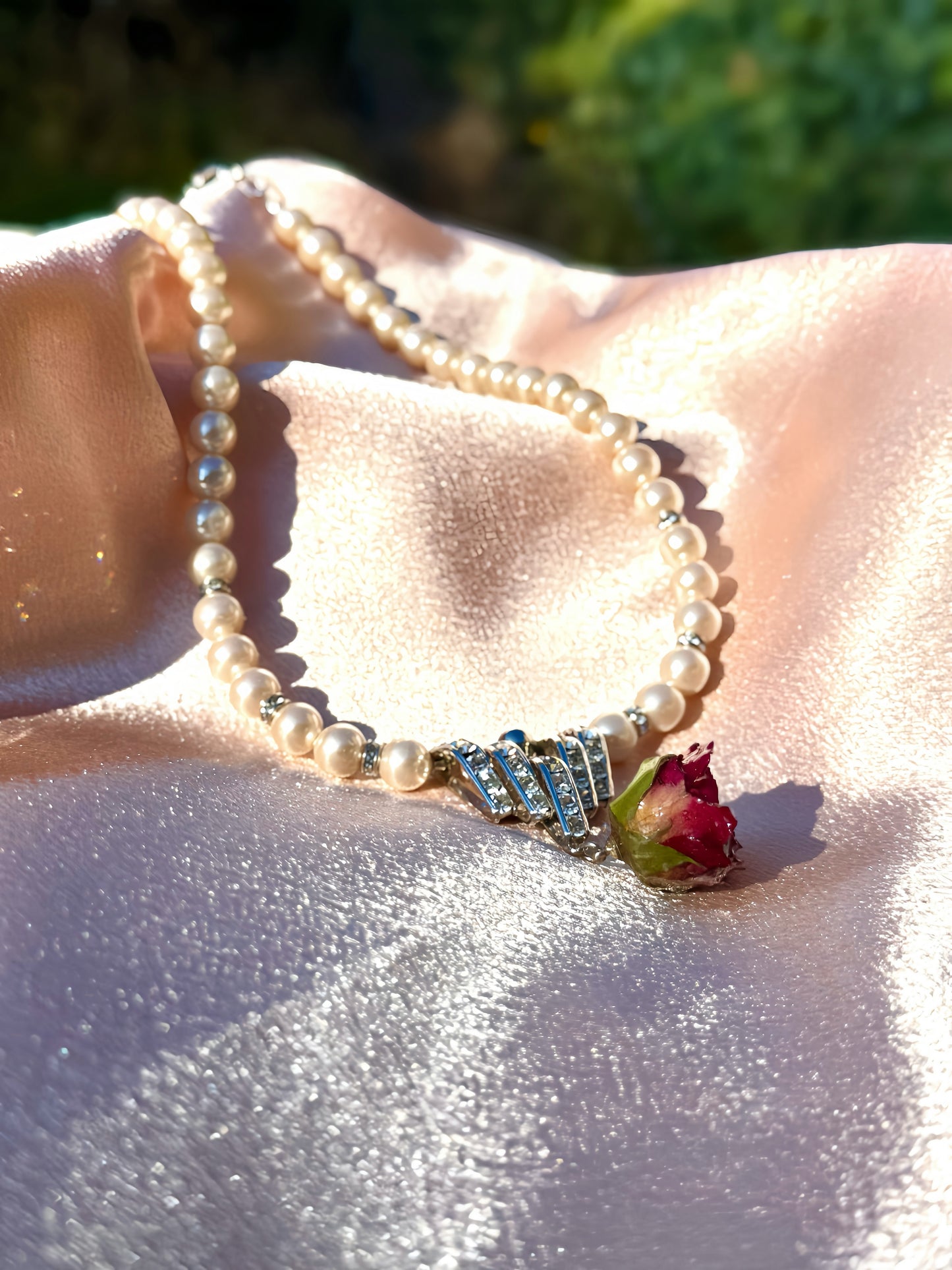 Real Red Rose Necklace |Preserved flower in resin | Mini red rose pearl necklace | White pearl | Silver Baroque Crystal pendant
