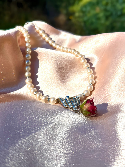 Real Red Rose Necklace |Preserved flower in resin | Mini red rose pearl necklace | White pearl | Silver Baroque Crystal pendant