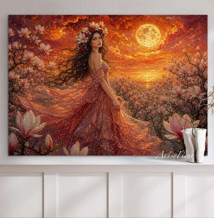 Framed Canvas- Vibrant Magnolia Flowers Beautiful Brunette Woman’s Abstract Portrait Mosaic Original Artwork Fantasy Wall Art Print