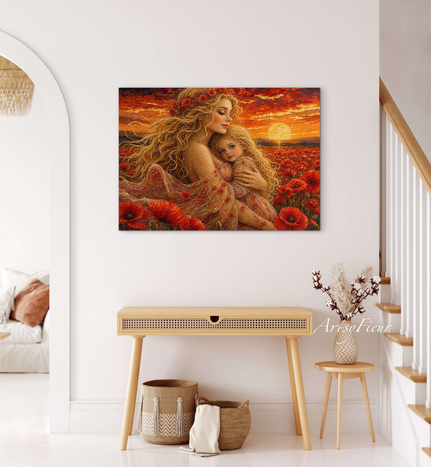 Framed Canvas- Vibrant Poppies Field Mother and Daughter Portrait Whimsical Full Moon Sunset Fantasy Oil Painting Wall Art Print
