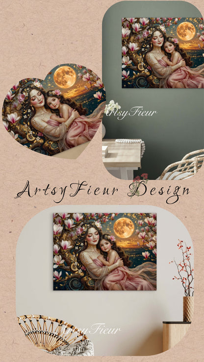 Framed Canvas- Vibrant Magnolia Flowers Mother and Daughter Portrait Original ArtworkFantasy Wall Art
