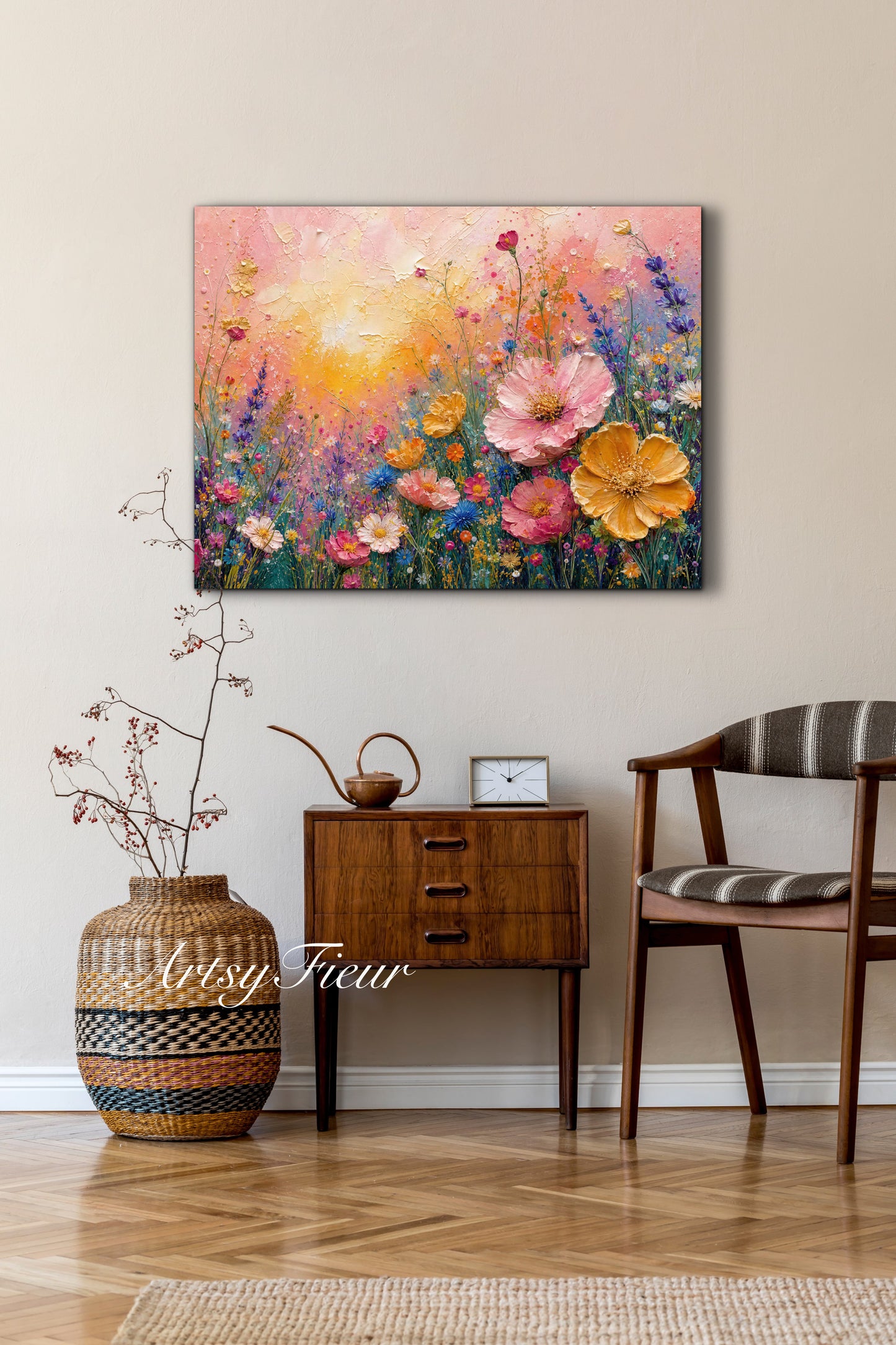 Framed Canvas Print- Vibrant Wildflowers Oil Painting Textured Wall Art , Beautiful Original Artwork Ready to Hang Living Room, Floral
