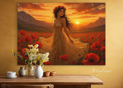 Framed Canvas - Vibrant Poppies Whimsical Full Moon Bride in Poppy Field, Wall Art Ready to hang Oil Painting Original Artwork Print