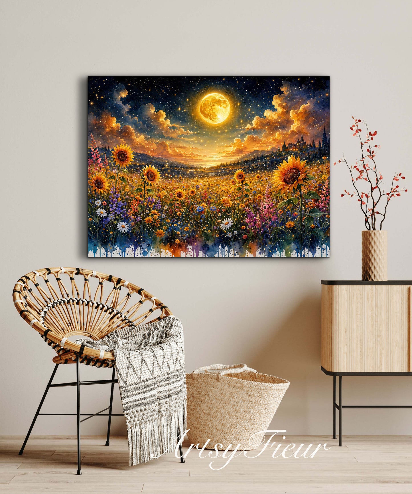 Framed Canvas- Beautiful Vibrant Colours Full Moon Floral Landscape, Wildflowers and Sunflowers Field under Night Sky Living Room Wall Art