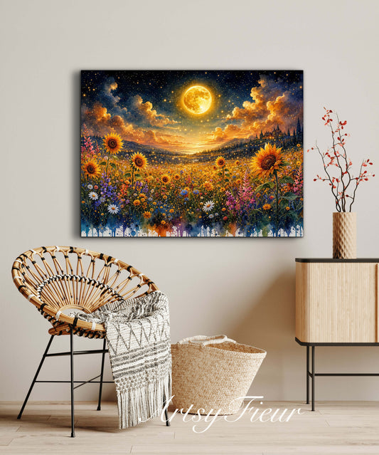 Framed Canvas- Beautiful Vibrant Colours Full Moon Floral Landscape, Wildflowers and Sunflowers Field under Night Sky Living Room Wall Art