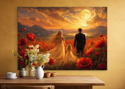 Framed Canvas Vibrant Poppies- Whimsical full moon fantasy oil painting Wedding celebration mother and daughter beautiful family portrait Original wall art print