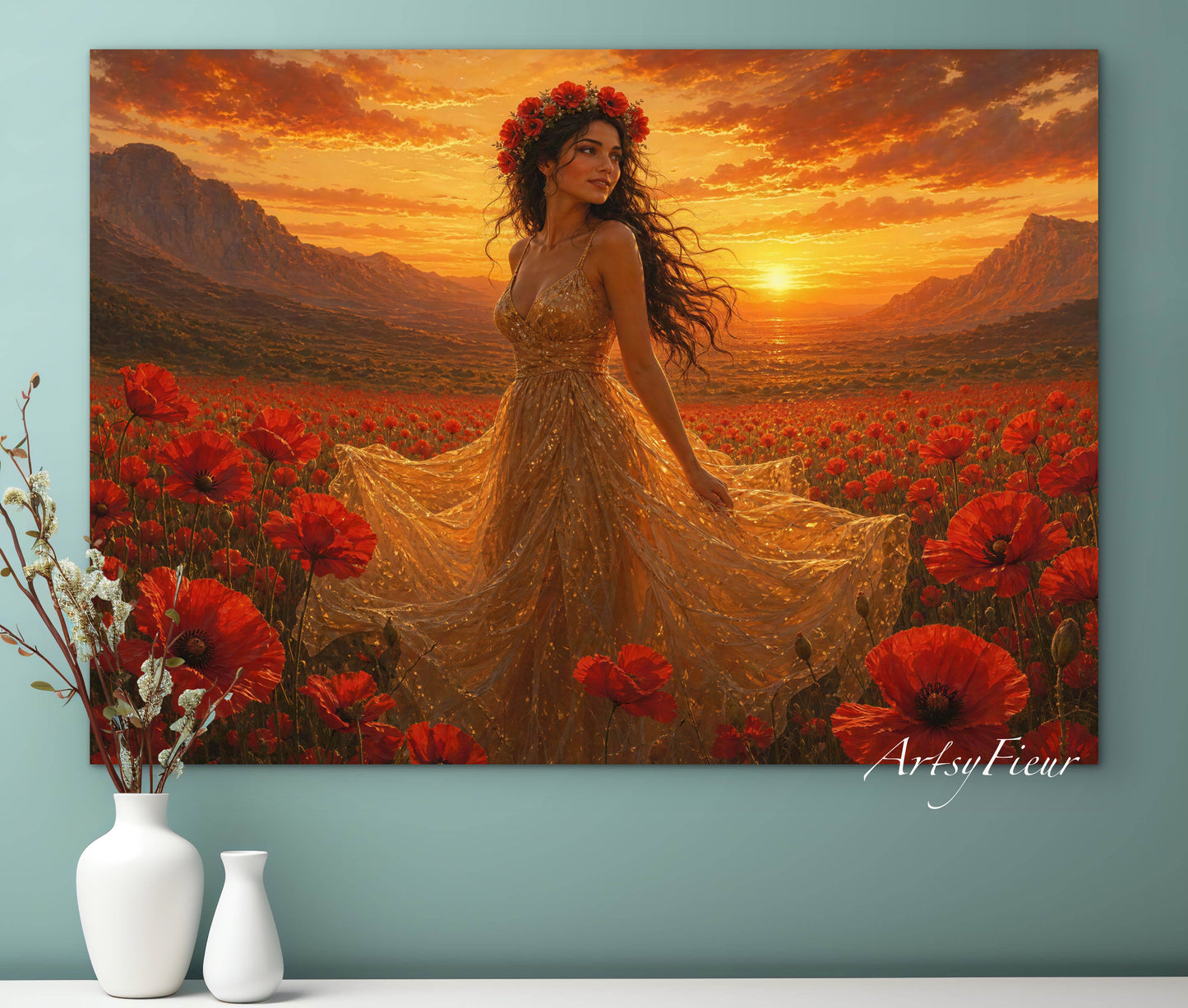 Framed Canvas - Vibrant Poppies Whimsical Full Moon Bride in Poppy Field, Wall Art Ready to hang Oil Painting Original Artwork Print