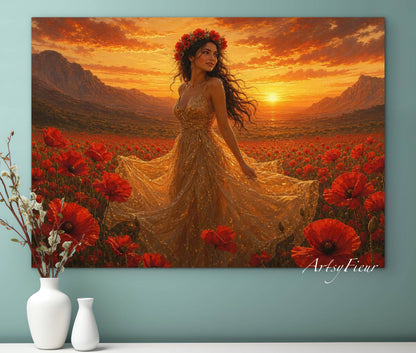 Framed Canvas - Vibrant Poppies Whimsical Full Moon Bride in Poppy Field, Wall Art Ready to hang Oil Painting Original Artwork Print