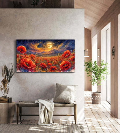 ArtsyFieur Framed Canvas - vibrant poppies whimsical lights full moon living room colourful wall art