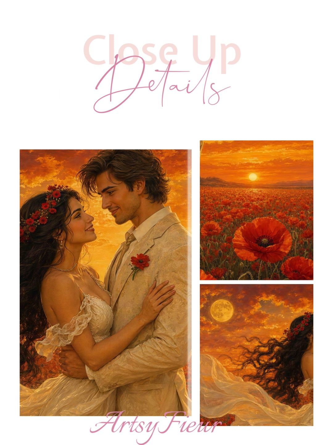 Framed canvas- whimsical full moon sunset bride and groom, wedding, poppy field, vibrant colours living room original artwork, fantasy oil painting wall art print