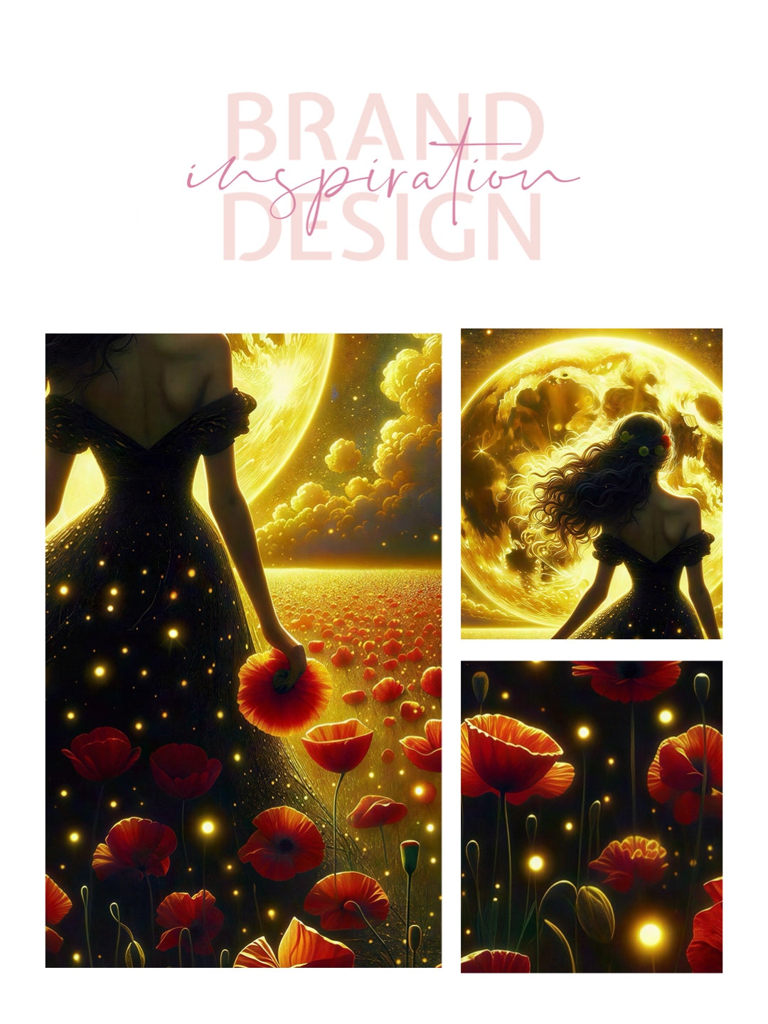 Framed Canvas - Vibrant Poppies Whimsical Full Moon Bride in Poppy Field, Wall Art Ready to hang Oil Painting Original Artwork Print Black Wedding Dress