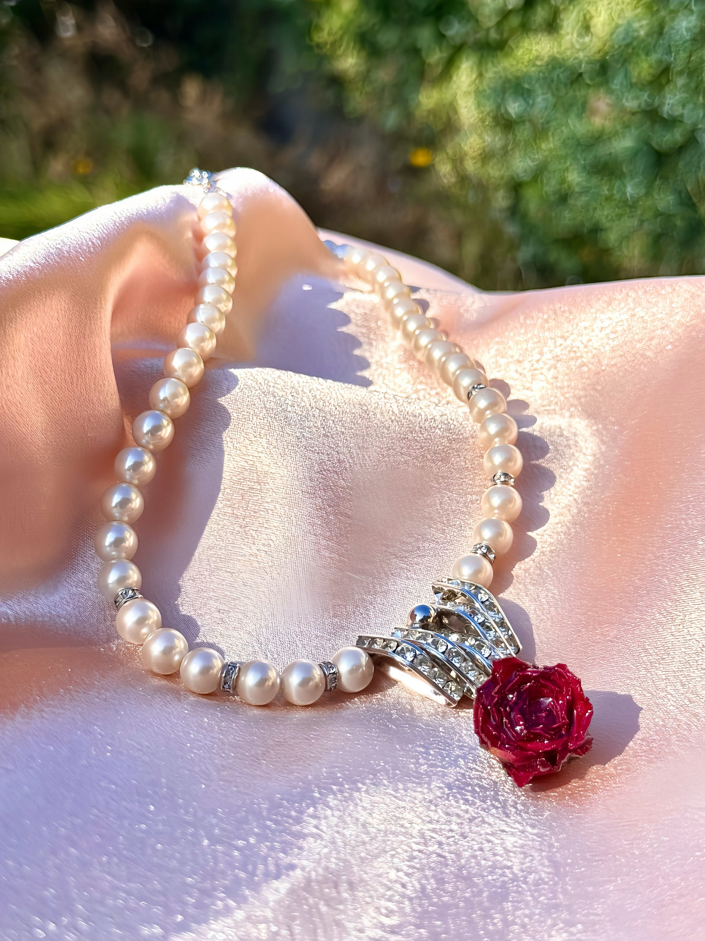 Real Red Rose Necklace |Preserved flower in resin | Mini red rose pearl necklace | White pearl | Silver Baroque Crystal pendant