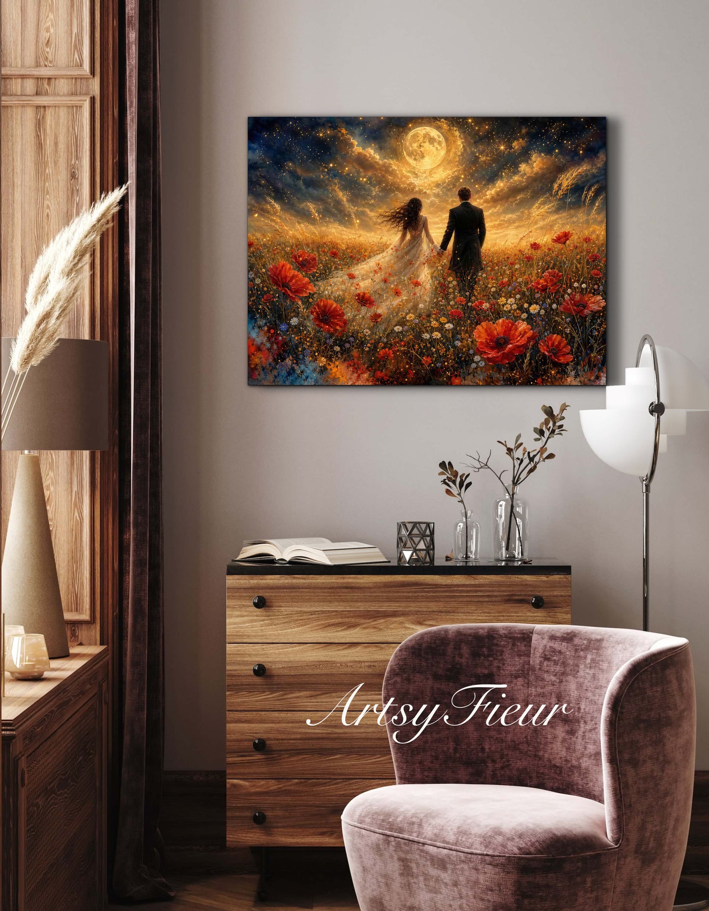 Framed canvas- whimsical full moon sunset -bride and groom, wedding gift, fantasy oil painting bedroom wall art print floral poppies field colourful vibrant colours