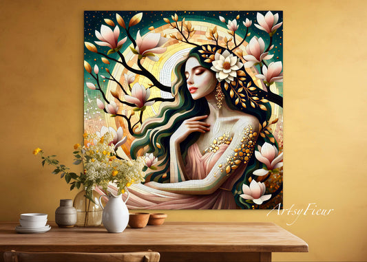 Framed canvas- Original Artwork Vibrant Magnolia Flowers Mosaic Portrait Beautiful Brunette Woman Wall Art Print