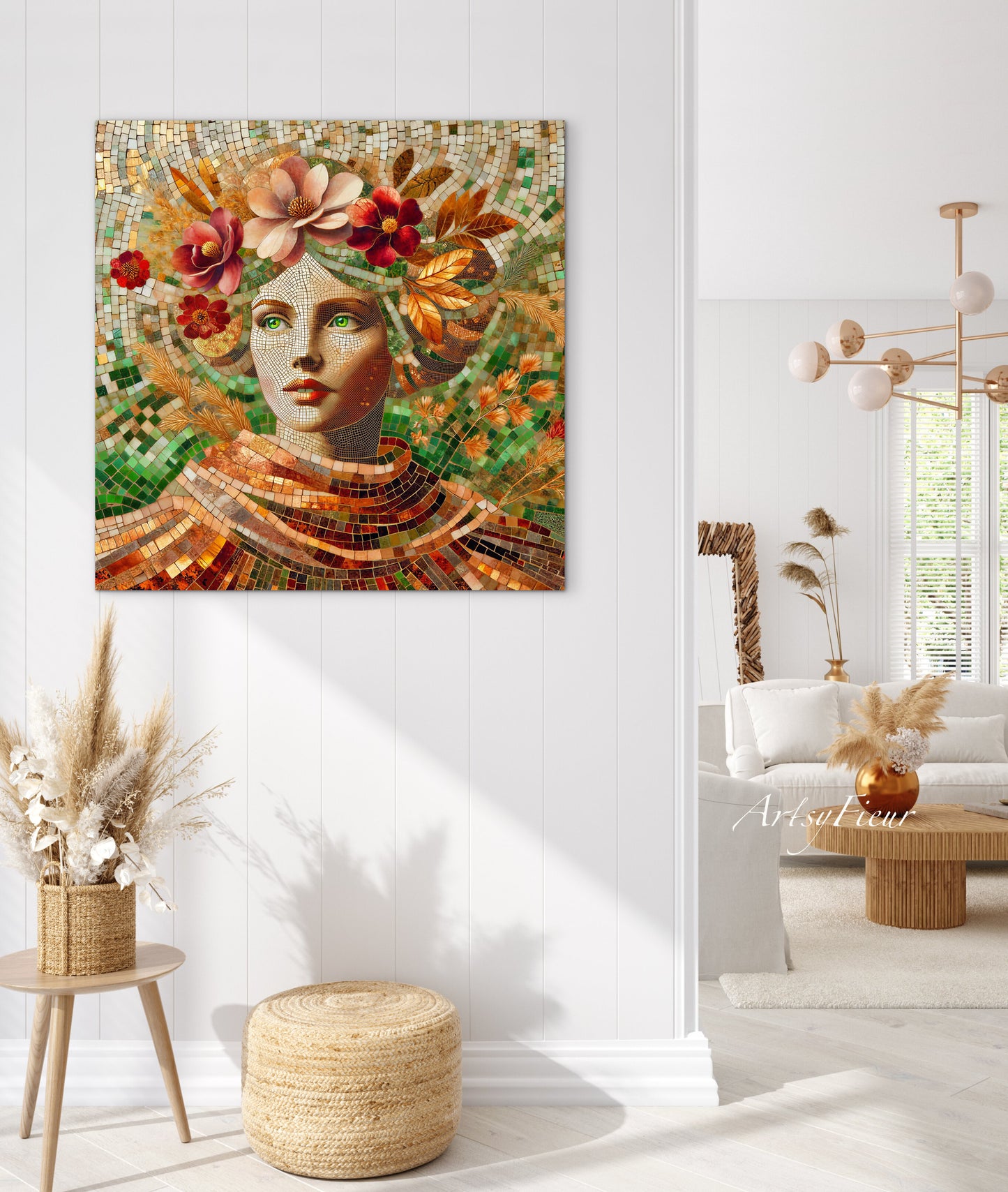 Framed canvas- Original Artwork Vibrant Magnolia Flowers Mosaic Portrait Beautiful Brunette Woman Wall Art Print