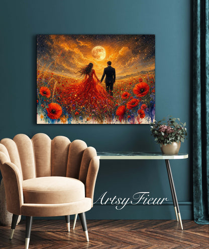 Framed canvas- whimsical full moon sunset -bride and groom, wedding gift, fantasy oil painting bedroom wall art print floral poppies field colourful vibrant colours