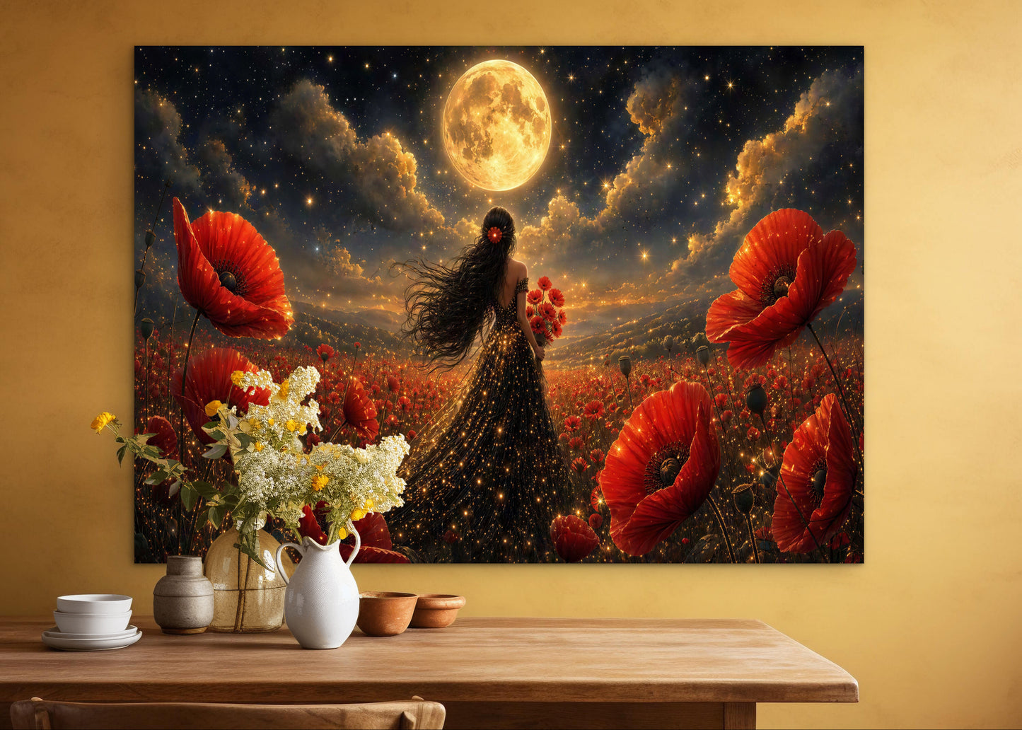 Framed Canvas - Vibrant Poppies Whimsical Full Moon Bride in Poppy Field, Wall Art Ready to hang Oil Painting Original Artwork Print Black Wedding Dress