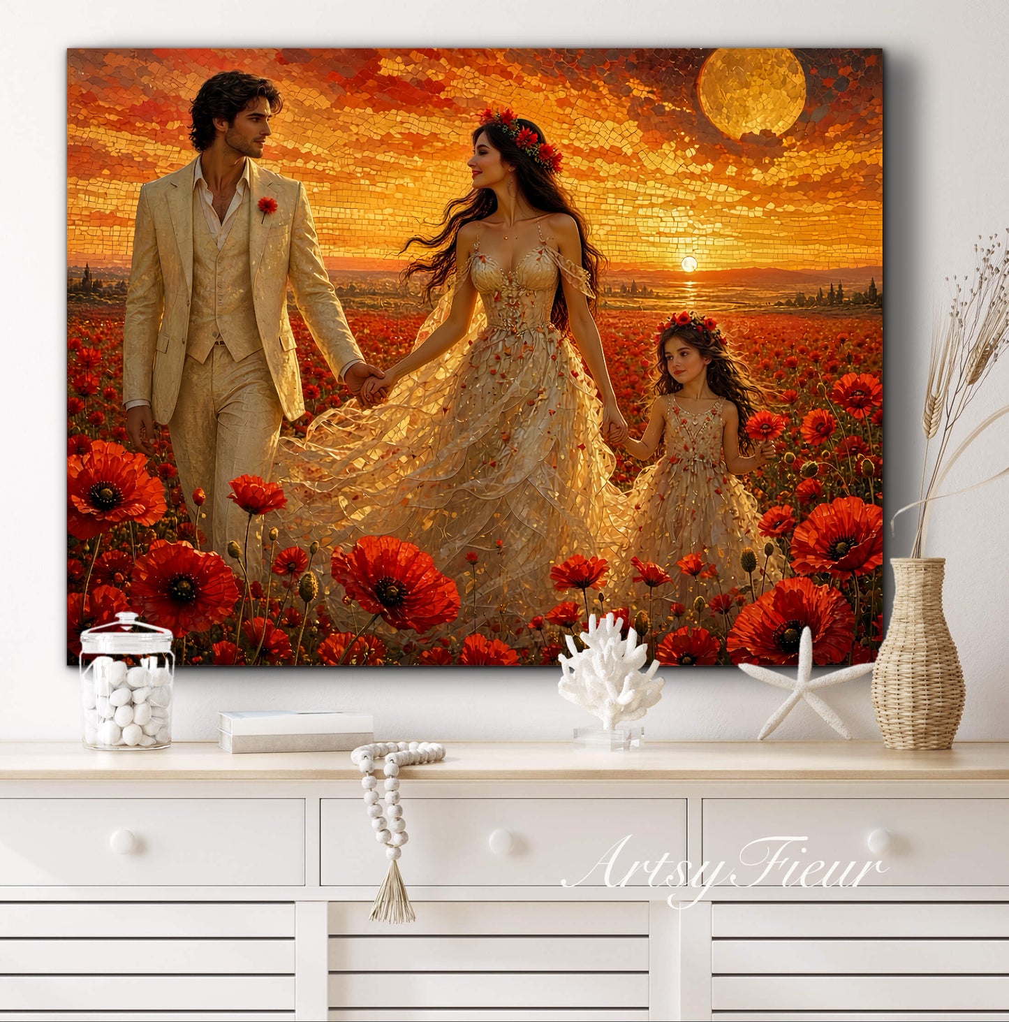 Framed Canvas Vibrant Poppies- Whimsical full moon fantasy oil painting Wedding celebration mother and daughter beautiful family portrait Original wall art print