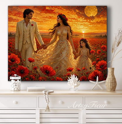 Framed Canvas Vibrant Poppies- Whimsical full moon fantasy oil painting Wedding celebration mother and daughter beautiful family portrait Original wall art print