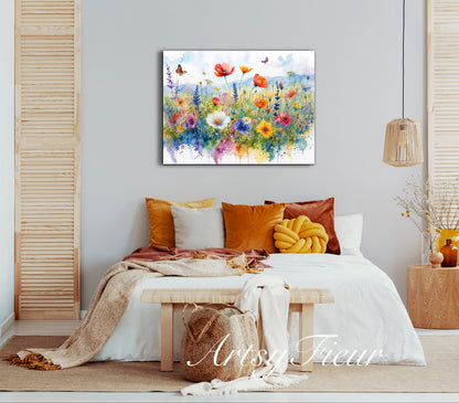 Framed canvas- ready to hang wall art print, beautiful vibrant colours watercolour fantasy painting wildflowers ,floral landscape, unique gift, one of a kind original artwork