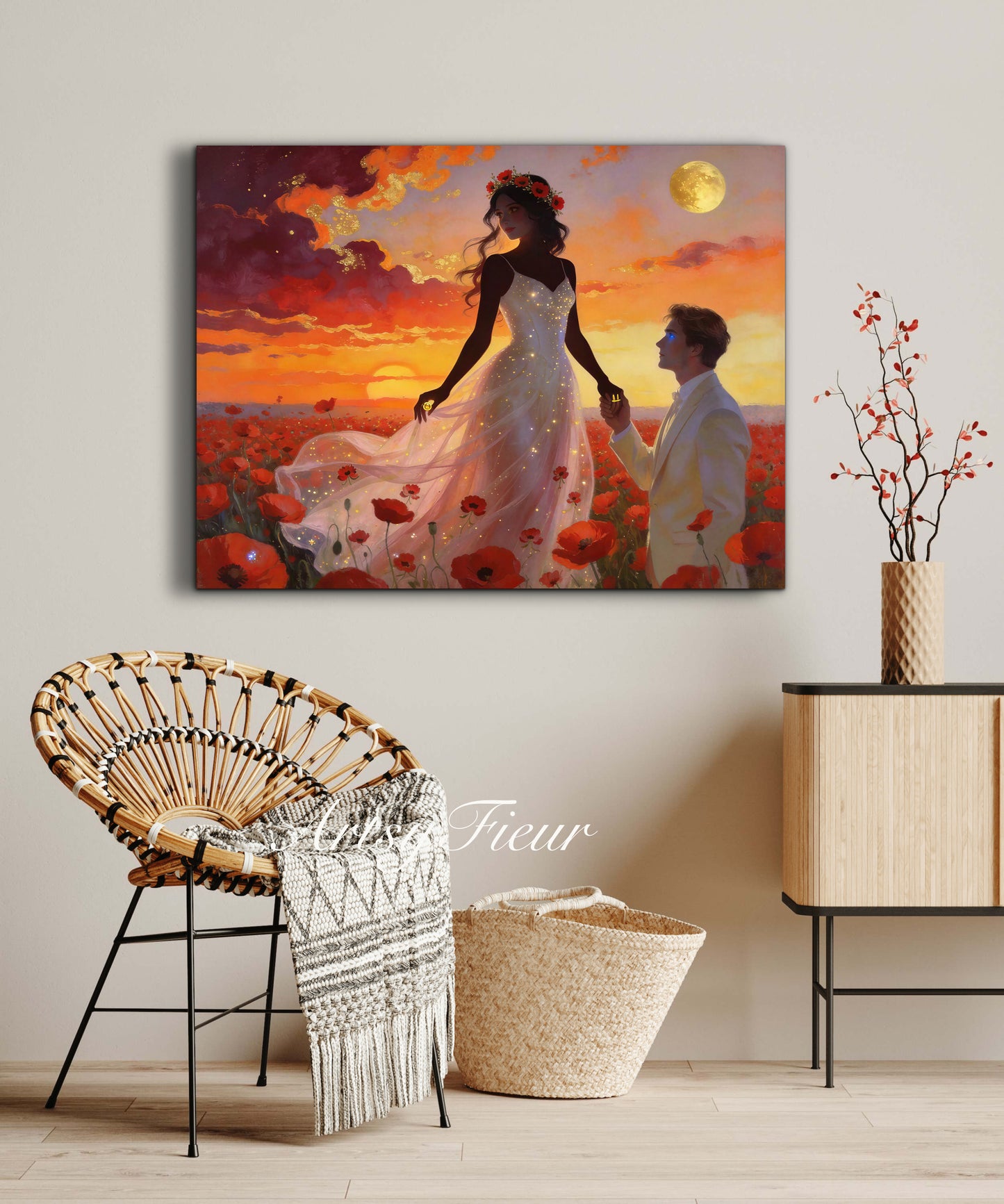 Framed canvas- whimsical full moon sunset bride and groom, wedding, poppy field, vibrant colours living room original artwork, fantasy watercolour paintingwall art print